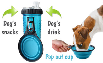 dual dog snack and water bottle plus water bowl