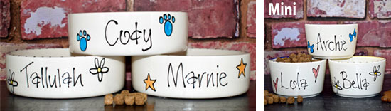Personalised dog bowls in whimsical design