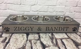 Personalised wooden dog bowls triple 3 bowls