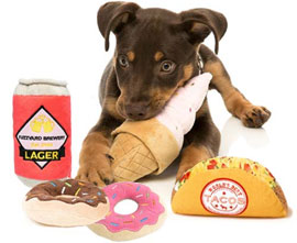 FuzzYard plush food dog toys - taco, ice cream, lager, donuts
