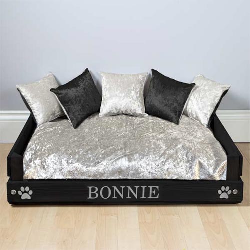 Personalised Wooden Dog Bed - Black & Silver Velvet