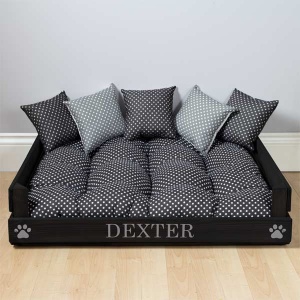 Personalised Wooden Dog Bed - Black & Grey Polka