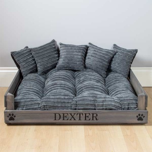 Personalised Wooden Dog Bed - Grey Cord