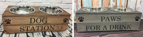 Wooden dog feeders in oak and grey stain