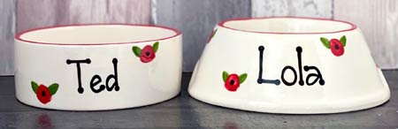 Personalised ceramic dog bowls with poppy flower design