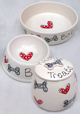 ceramic personalised dog bowls and treat jar