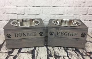 Personalised wooden dog bowls single bowl grey