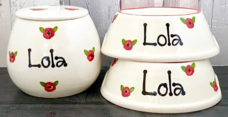 Poppy personalised dog bowls and treat jar