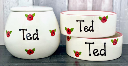 Poppy dog bowls and treat jar