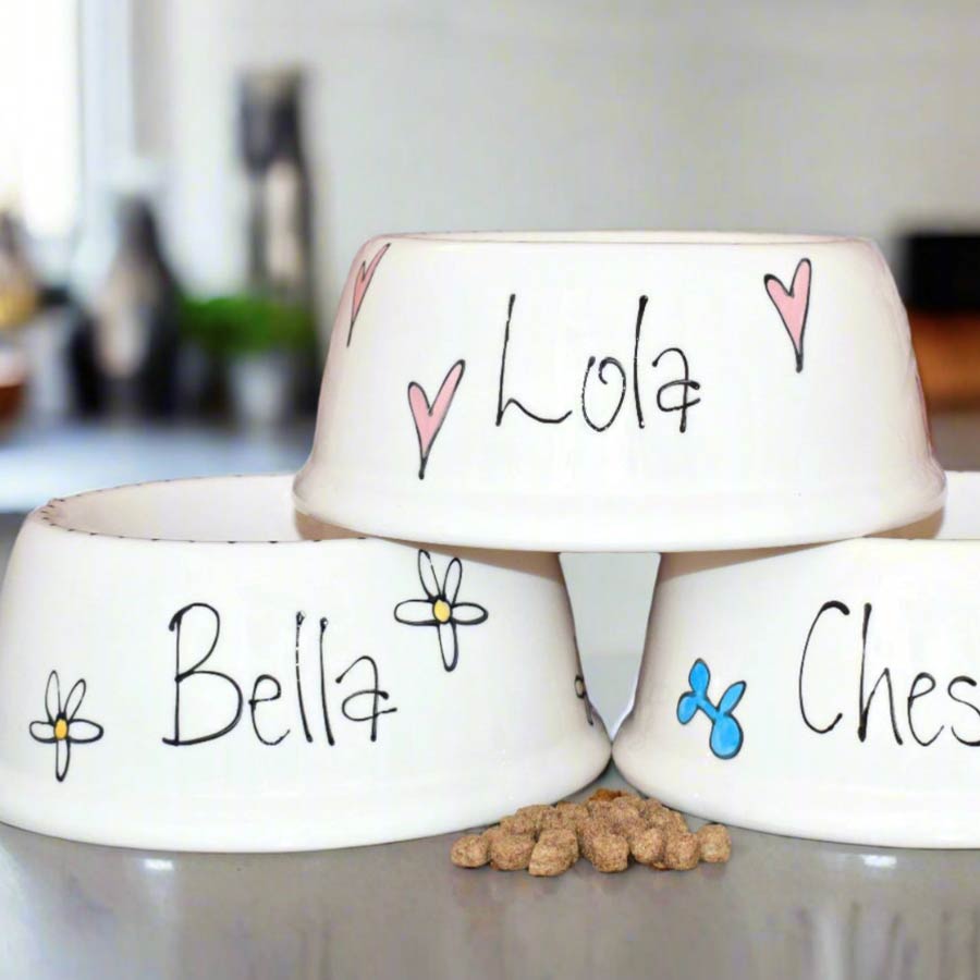 Whimsical Slanted Ceramic Dog Bowl | Personalised Dog Name