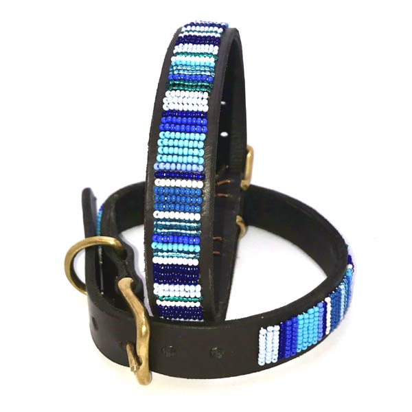 Masai Leather Beaded Dog Collar Blue Stripe