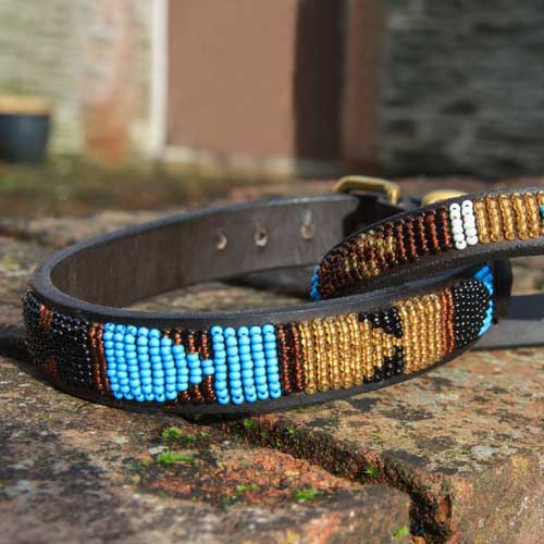 Masai Leather Beaded Dog Collar - Sky 
