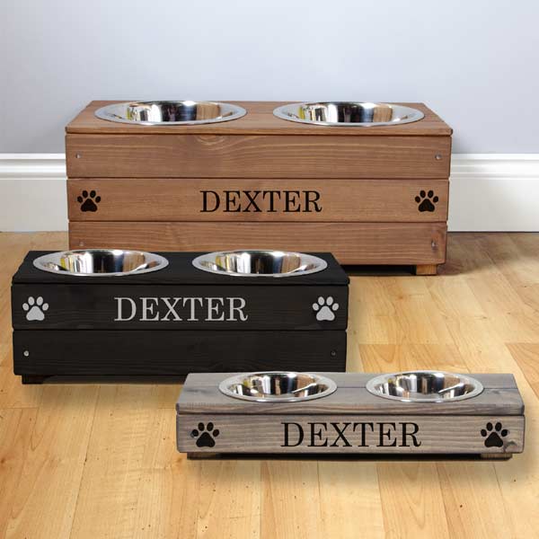 Raised Personalised Wooden Dog Bowls, Wooden Raised Dog Bowl Stand