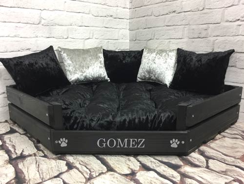 Black Velvet Corner Wooden Dog Bed, Corner Crushed Velvet Sofa Bed
