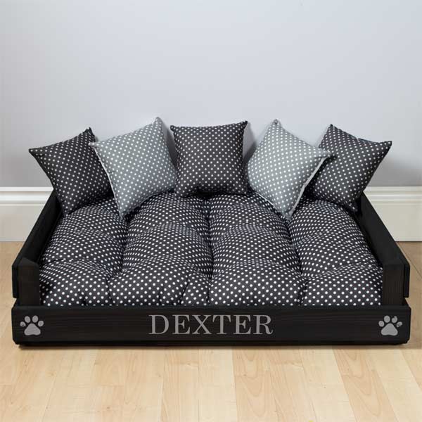 Black Spot Personalised Wooden Dog Bed Oak, Grey or Black D for Dog