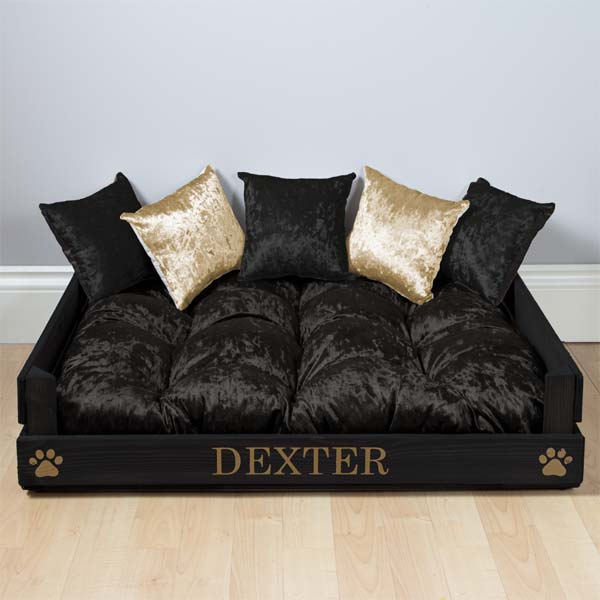 Personalised Wooden Dog Bed Black Crushed Velvet