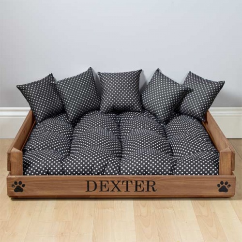 Personalised Wooden Dog Bed - Black & Grey Polka