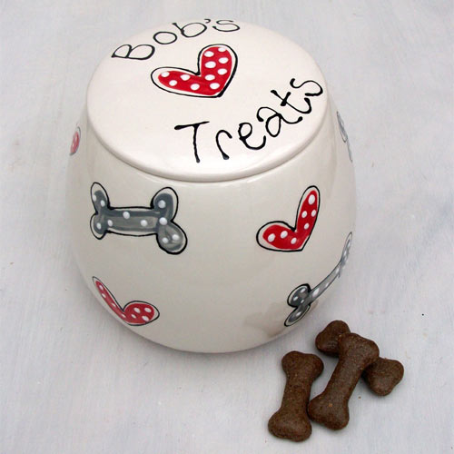 Personalised Ceramic Dog Treats Jar - Hearts & Bones