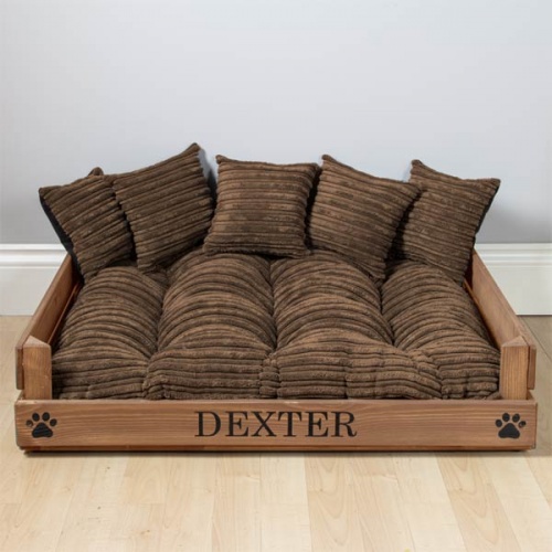 Personalised Wooden Dog Bed - Brown Cord