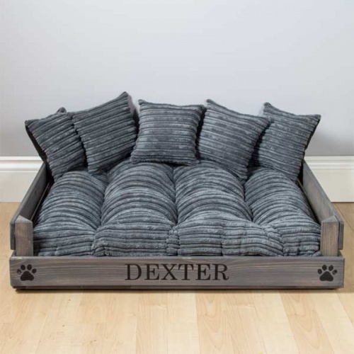 Personalised Wooden Dog Bed - Grey Cord