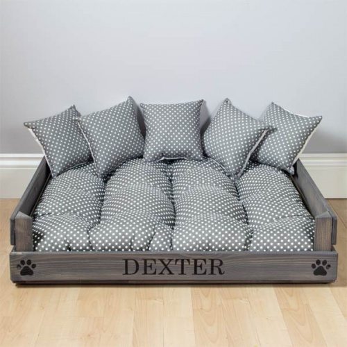 Personalised Wooden Dog Bed - Grey Polka