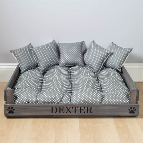 Grey Spot Personalised Wooden Dog Bed UK D for Dog