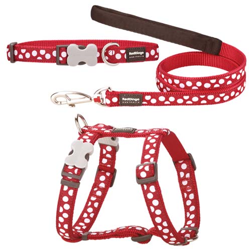 Puppy Harness, Collar & Lead Set - White Spots on Red