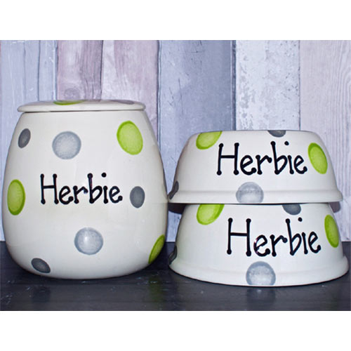 Dotty Slanted Personalised Dog Bowls & Treat Jar Set