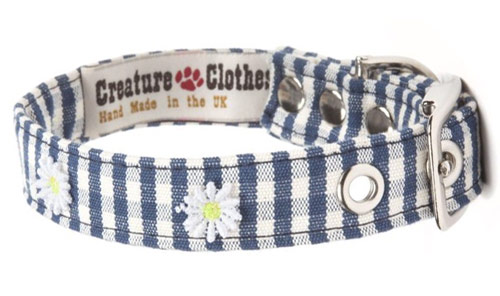 Fabric Dog Collar Blue Gingham With Daisies