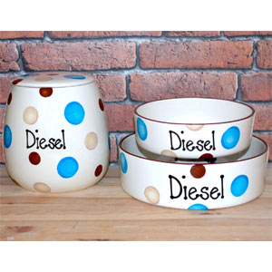Dotty Straight Personalised Dog Bowls & Treat Jar Set