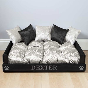 Personalised Wooden Dog Bed - Silver Velvet