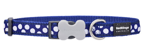 Red Dingo Dog Collar White Spots on Dark Blue