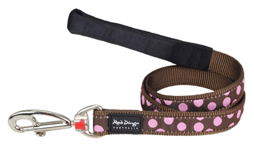 Red Dingo Dog Lead Pink Spots on Brown