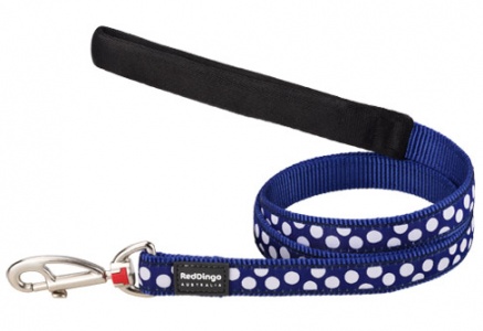 Red Dingo Dog Lead White Spots on Dark Blue