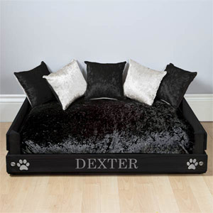 Personalised Wooden Dog Bed - Black & Silver Velvet