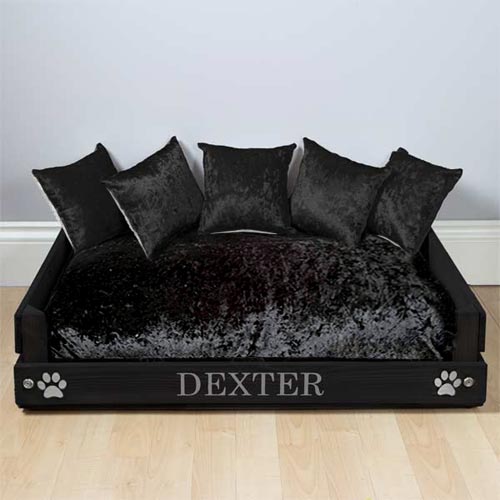 Personalised Wooden Dog Bed - Black & Silver Velvet