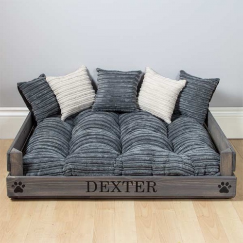 Personalised Grey Stained Wooden Dog Bed Grey Cord D for Dog